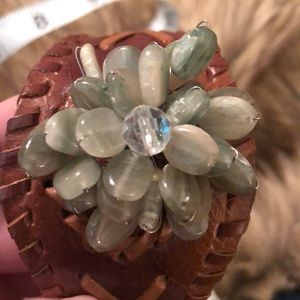 Boho Vintage Gypsy Leather Cuff Bracelet with Green Glass Bead Flower